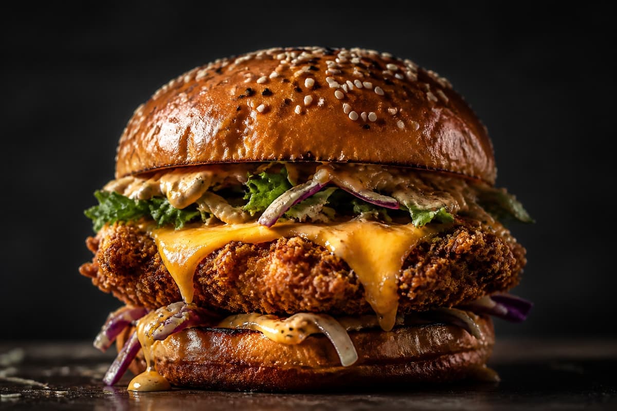 Stacked burger with melted cheese, burger placeholder